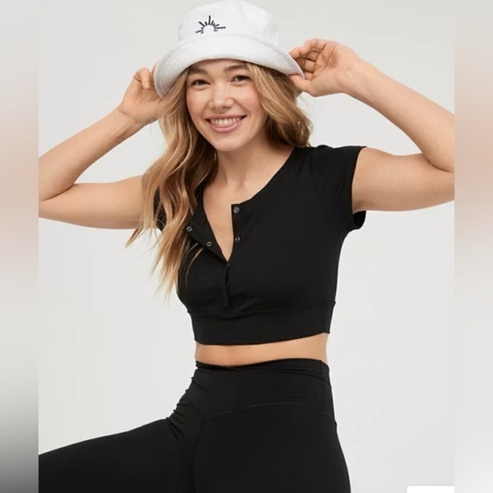 Aerie OFFLINE By Aerie Real Me Henley Crop Tee in black size large